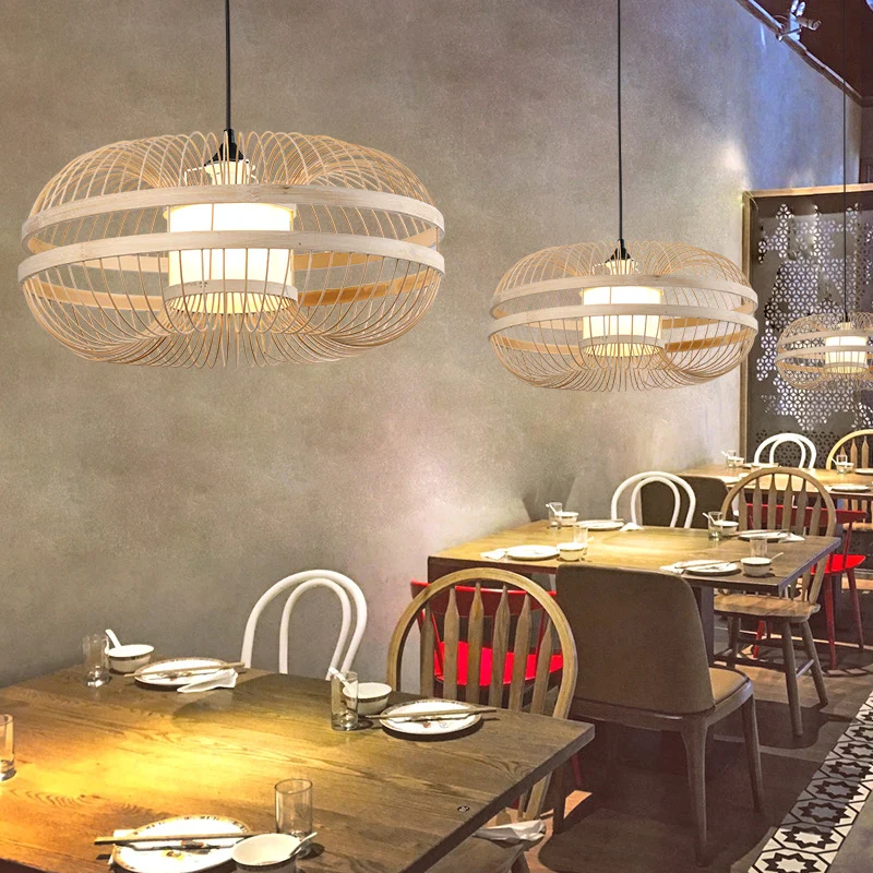 Bamboe cilinder/lantaarn/trommel hanger Japanse stijl 1 lamp hangend plafondlicht lichtbruin voor restaurant