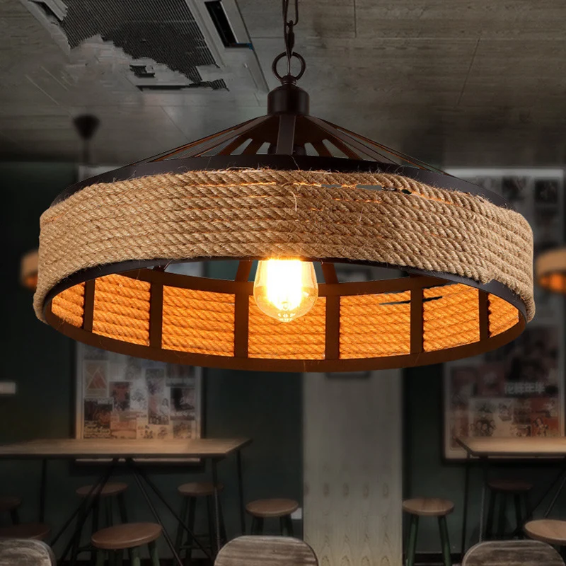 Barn Metaal Hanging Ceiling Light Antiqued 1 Bulb Restaurant Jute Rope Drop Pendant Black Black