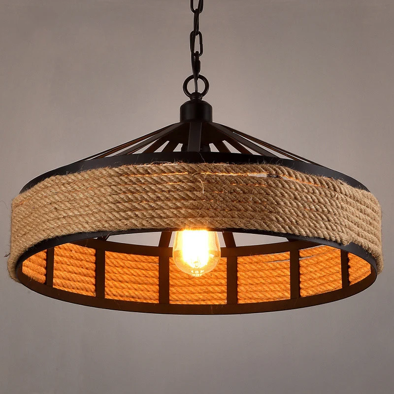 Barn Metaal Hanging Ceiling Light Antiqued 1 Bulb Restaurant Jute Rope Drop Pendant Black Black
