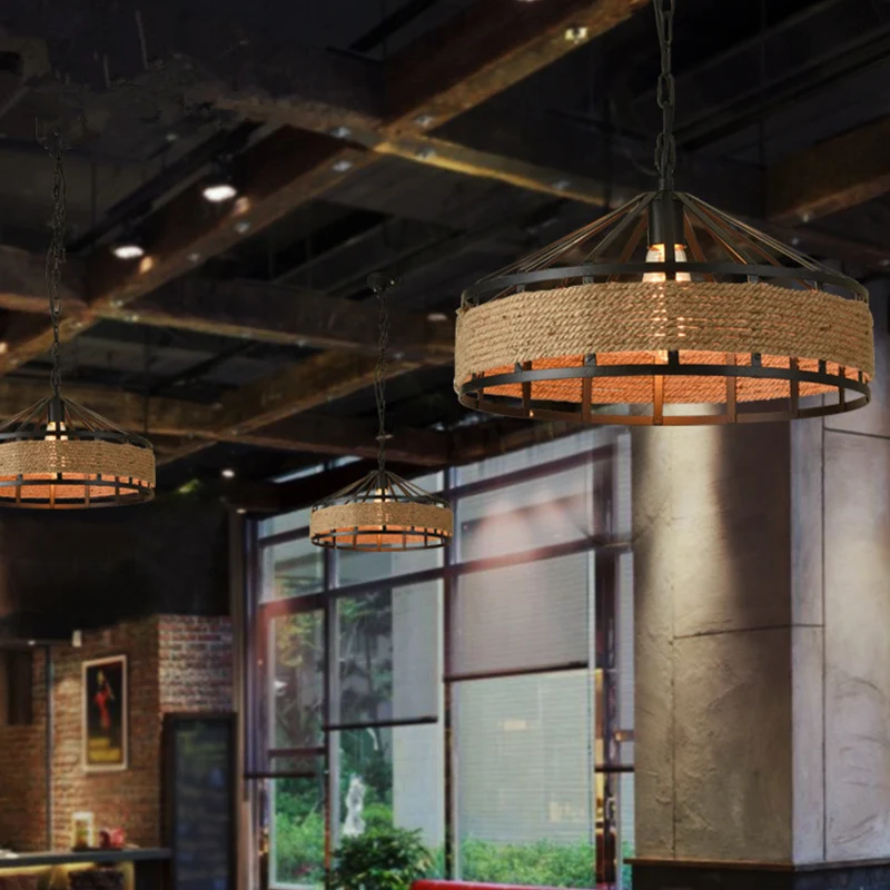 Barn Metal Hanging Ceiling Light Antiqued 1 Bulb Restaurant Jute Rope Drop Pendant Koolzwart Black