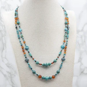 Beaded Aquamarijn Carnelian and Heishi Beaded Double Strand Necklace