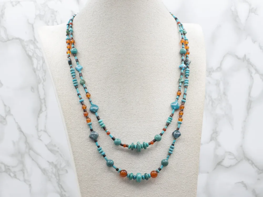 Beaded Aquamarijn Carnelian and Heishi Beaded Double Strand Necklace