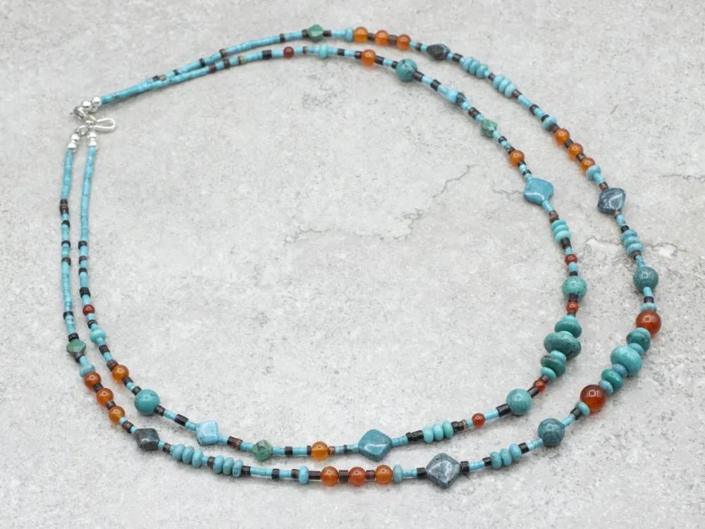 Beaded Aquamarijn Carnelian and Heishi Beaded Double Strand Necklace