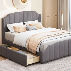 Bed 140 x 200 cm voor volwassenen met hoofdeinde en 2 laden - Fluweel - Grijs