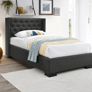 Bed met gestoffeerd hoofdeinde - 90 x 200 cm - Stof - Grijs + Matras - MASSIMO II