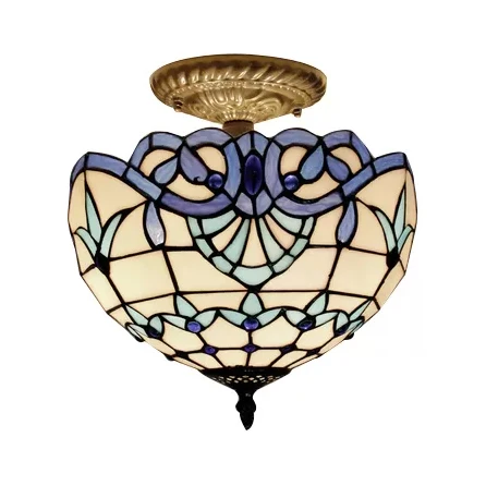 Bedroom Ceiling Light Glaswerk, 2 Lights Domed Semi Flush Mount Light Jewel Decoration Baroque Style Blue