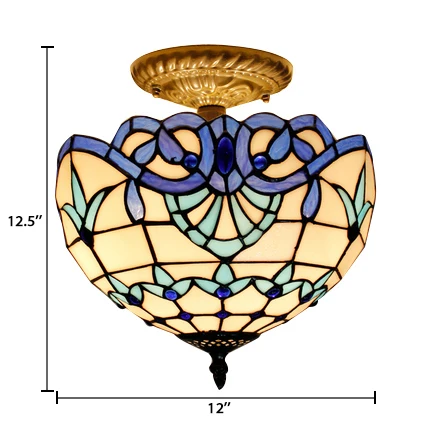 Bedroom Ceiling Light Glaswerk, 2 Lights Domed Semi Flush Mount Light Jewel Decoration Baroque Style Blue