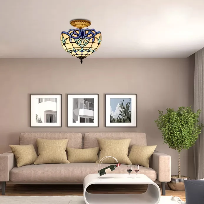 Bedroom Ceiling Light Glaswerk, 2 Lights Domed Semi Flush Mount Light Jewel Decoration Baroque Style Blue