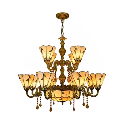 Beige/Blue Country Chandelier Stained Glaswerk 12 Heads Two-Tiers Suspension Light Pendants Living Room Blue