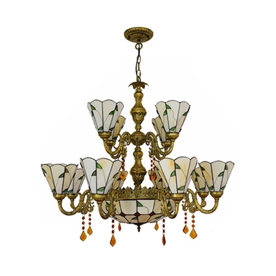 Beige/Blue Country Chandelier Stained Glazen 12 Heads Two-Tiers Suspension Light Pendants Living Room Blue
