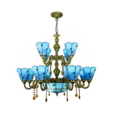 Beige/Blue Country Chandelier Stained Glazen 12 Heads Two-Tiers Suspension Light Pendants Living Room Blue