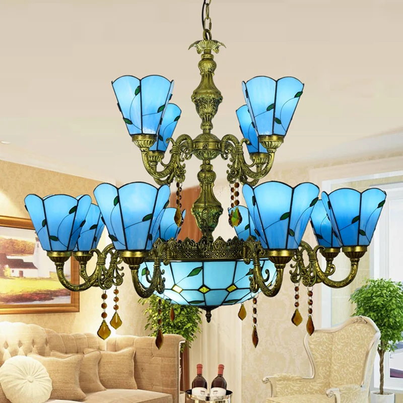 Beige/Blue Country Chandelier Stained Glazen 12 Heads Two-Tiers Suspension Light Pendants Living Room Blue