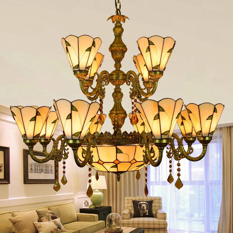 Beige/Blue Country Chandelier Stained Glazen 12 Heads Two-Tiers Suspension Light Pendants Living Room Blue
