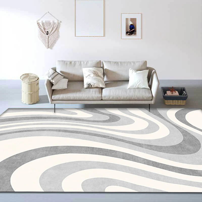 Bijzonder Scandinavisch vloerkleed met grijze werveling en streeppatroon. Huisdiervriendelijk, antislip, wasbaar vloerklee...