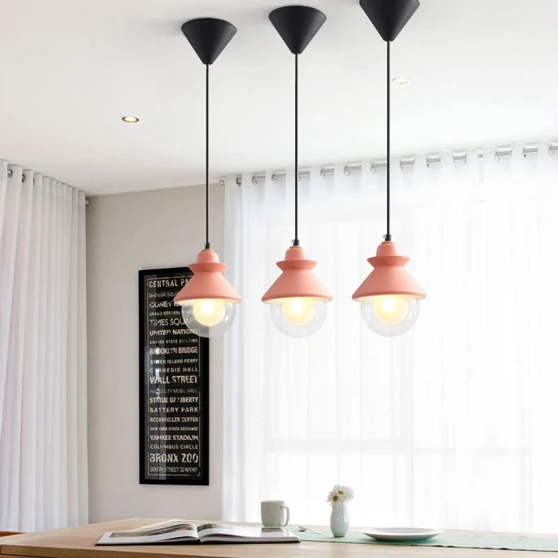 Black/Pink Conical Hanging Ceiling Light Macaron Style 1 Bulb Metal Pendant Lamp Double Glazen Shade Black