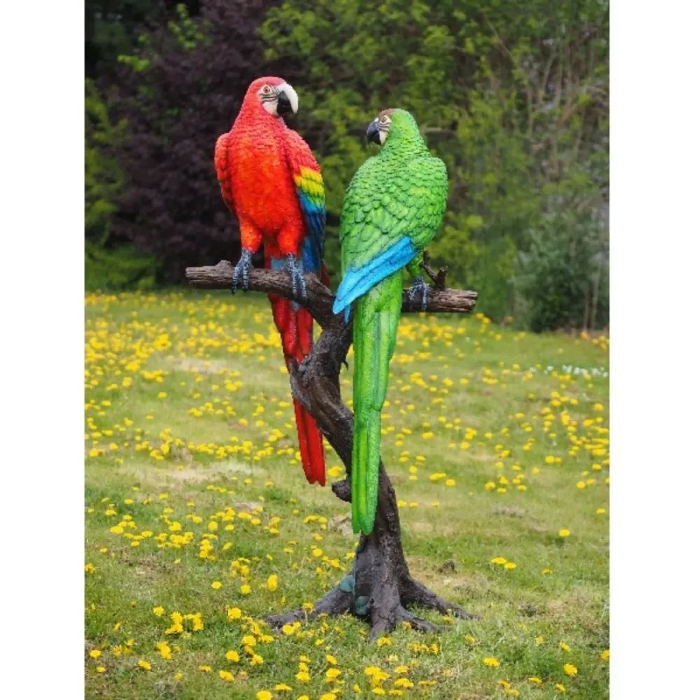 Bronzen Beeld 2 Gekleurde papegaaien op boomstam 175x66x93cm (HxBxL)