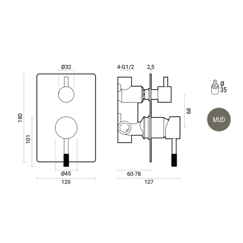 Built- shower mixer 2-way diverter RubiFlux Tennis Mud - Mud Grijs