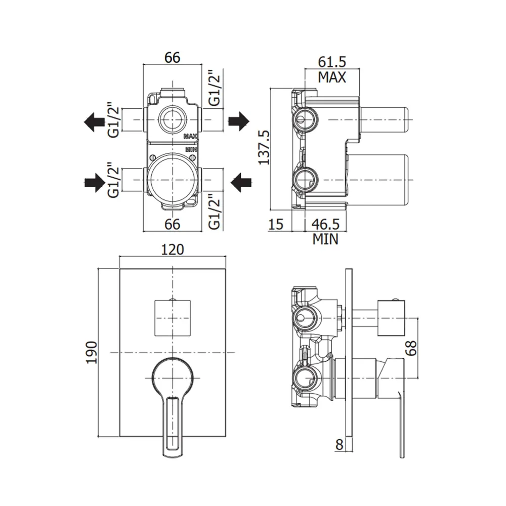 Built- shower mixer 2 outlets Paffoni West series - Chroom