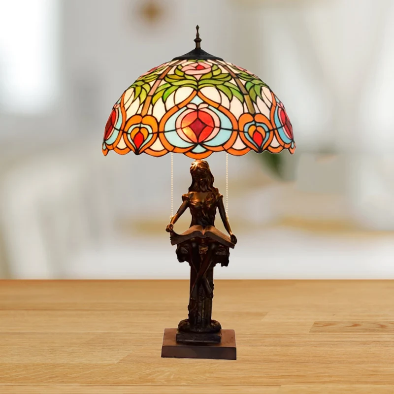 2 Bulbs Bedside Nightstand Lamp Tiffany Orange/Yellow Pull Chain Table Light Peach/Geometric Pattern Stained Glazen Shade...
