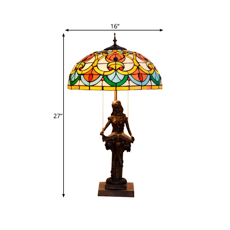 2 Bulbs Bedside Nightstand Lamp Tiffany Orange/Yellow Pull Chain Table Light Peach/Geometric Pattern Stained Glazen Shade...
