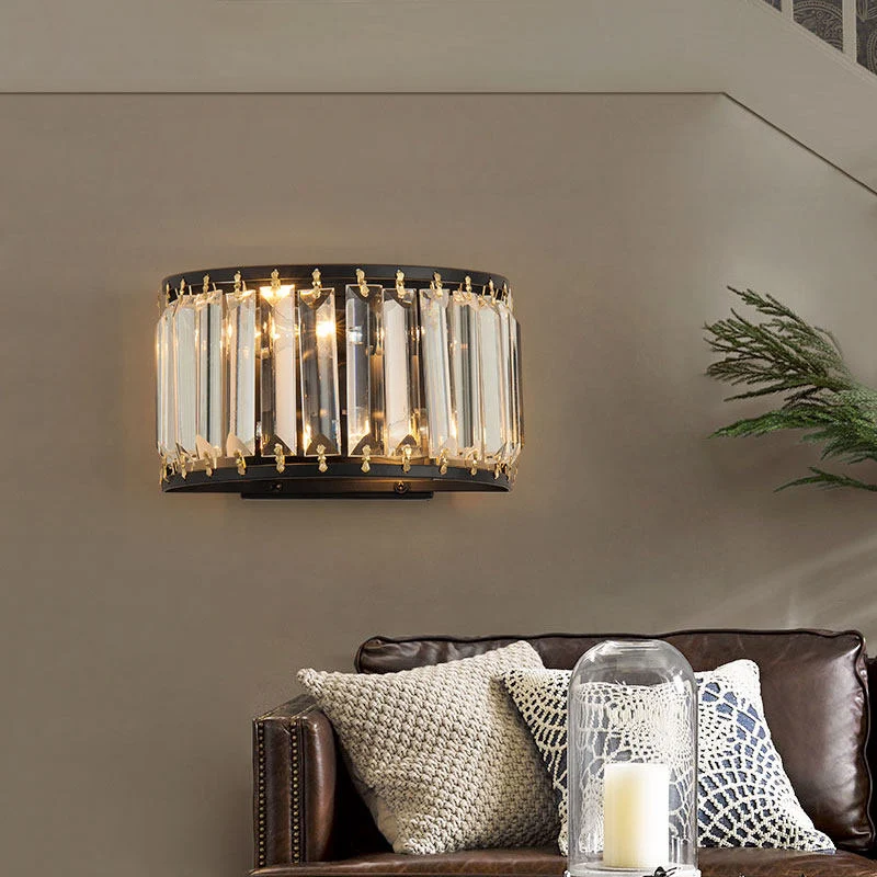 2 Bulbs Prismatic Crystal Wall Sconce Strak Half-Round Living Room Wall Mounted Light Black