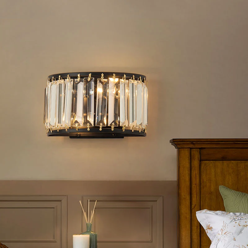 2 Bulbs Prismatic Crystal Wall Sconce Strak Half-Round Living Room Wall Mounted Light Black