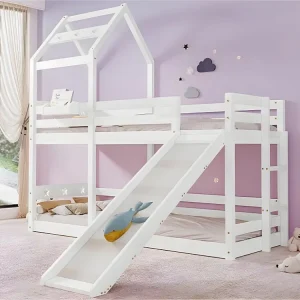 Cabinestapelbed 90x200cm massief grenen met glijbaan - 2 lattenbodems - Wit