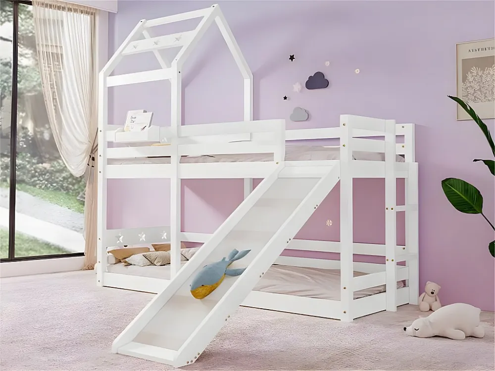 Cabinestapelbed 90x200cm massief grenen met glijbaan - 2 lattenbodems - Wit