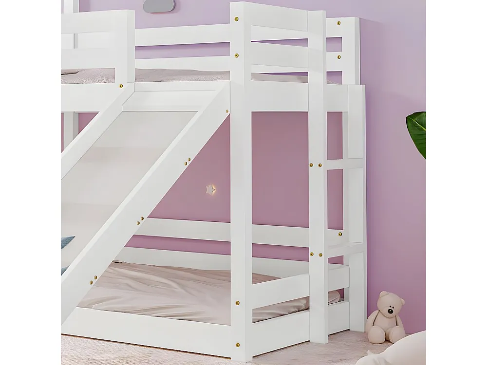 Cabinestapelbed 90x200cm massief grenen met glijbaan - 2 lattenbodems - Wit