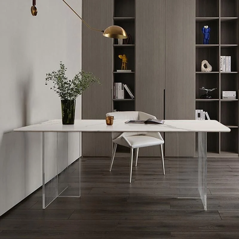 Contemporain Stone Double Pedestal Dining Table White Rectangle Table Kitchen 47