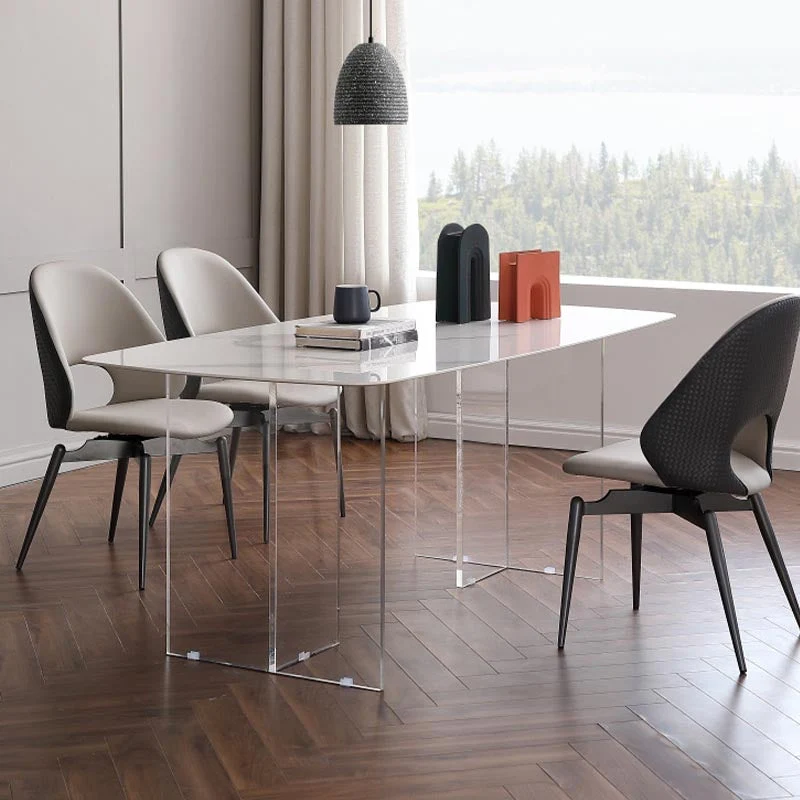 Contemporain Stone Double Pedestal Dining Table White Rectangle Table Kitchen 47