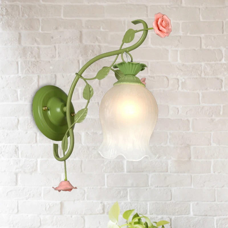 Countryside Rose wandlamp 1 kop metalen wandkandelaar verlichting wit/groen voor slaapkamer