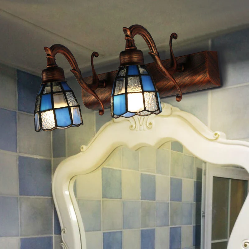 Dome Rvs Glass Vanity Lamp Tiffany Style 2 Lights Brass/Copper/Antique Brass Wall Sconce Square/Blue Square Pattern Copper