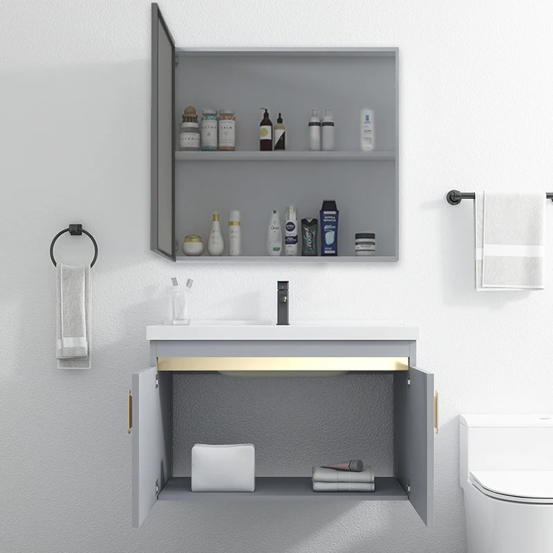 2 Doors Vanity Grey Mirror Wall Mounted Van metaal Frame Rectangular Glam Vanity Faucet 17l