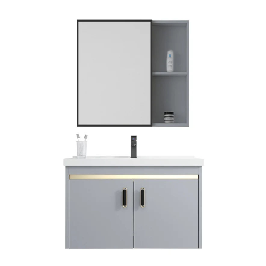 2 Doors Vanity Grey Mirror Wall Mounted Van metaal Frame Rectangular Glam Vanity Faucet 17l