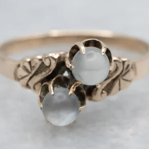 Double Moonstone Victorian Era Rose Gold Bypass Ring