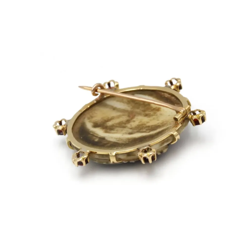 Double Portrait Brooch - Gold, Garnets, cameo Bones