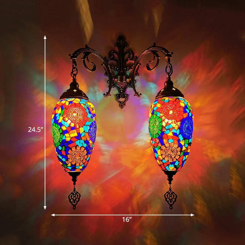 Druppelglas--lood-wandverlichting Mediterraan 2-kops bar-wandmontagelamp rood/oranje/groen