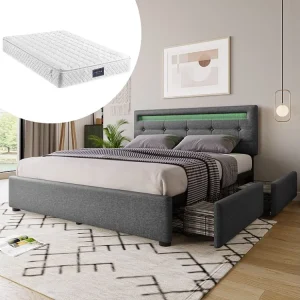 Dubbel gevoerd bed 140 x 200 cm met verstelbaar hoofdeinde & 4 laden - LED's - grijs linnen + matras