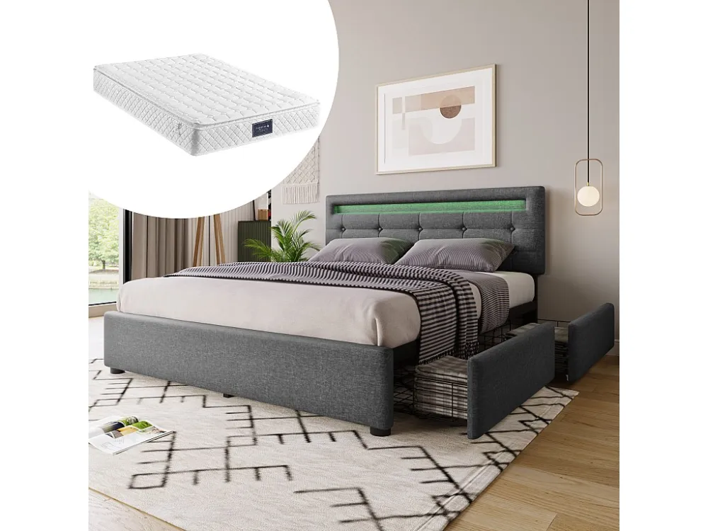 Dubbel gevoerd bed 140 x 200 cm met verstelbaar hoofdeinde & 4 laden - LED's - grijs linnen + matras