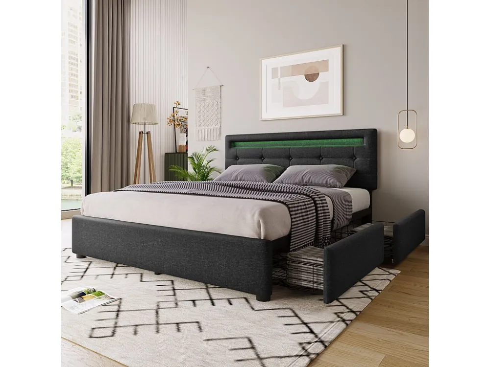 Dubbel gevoerd bed 140 x 200 cm met verstelbaar hoofdeinde & 4 laden - LED's - grijs linnen + matras