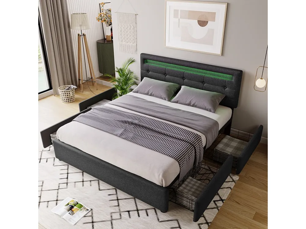 Dubbel gevoerd bed 140 x 200 cm met verstelbaar hoofdeinde & 4 laden - LED's - grijs linnen + matras