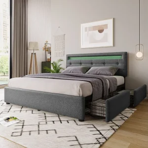 Dubbel gevoerd bed 140 x 200 cm met verstelbaar hoofdeinde & 4 laden - LED's - grijs linnen