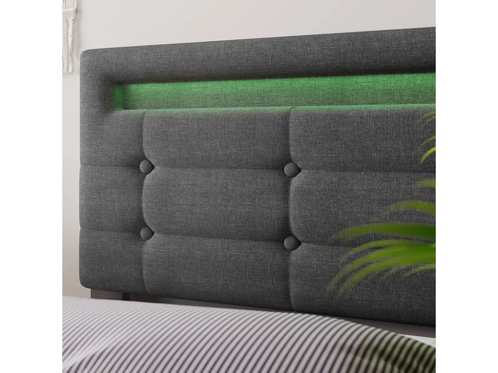 Dubbel gevoerd bed 140 x 200 cm met verstelbaar hoofdeinde & 4 laden - LED's - grijs linnen