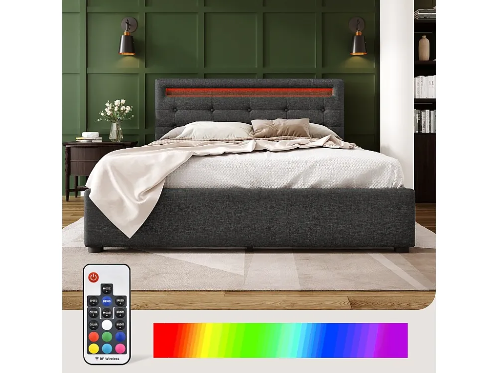 Dubbel gevoerd bed 140 x 200 cm met verstelbaar hoofdeinde & 4 laden - LED's - grijs linnen