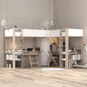 Dubbele hoekhoogslaper 2 x 90 x 200 cm met opbergruimte en bureaus, wit en naturel - LASCANO
