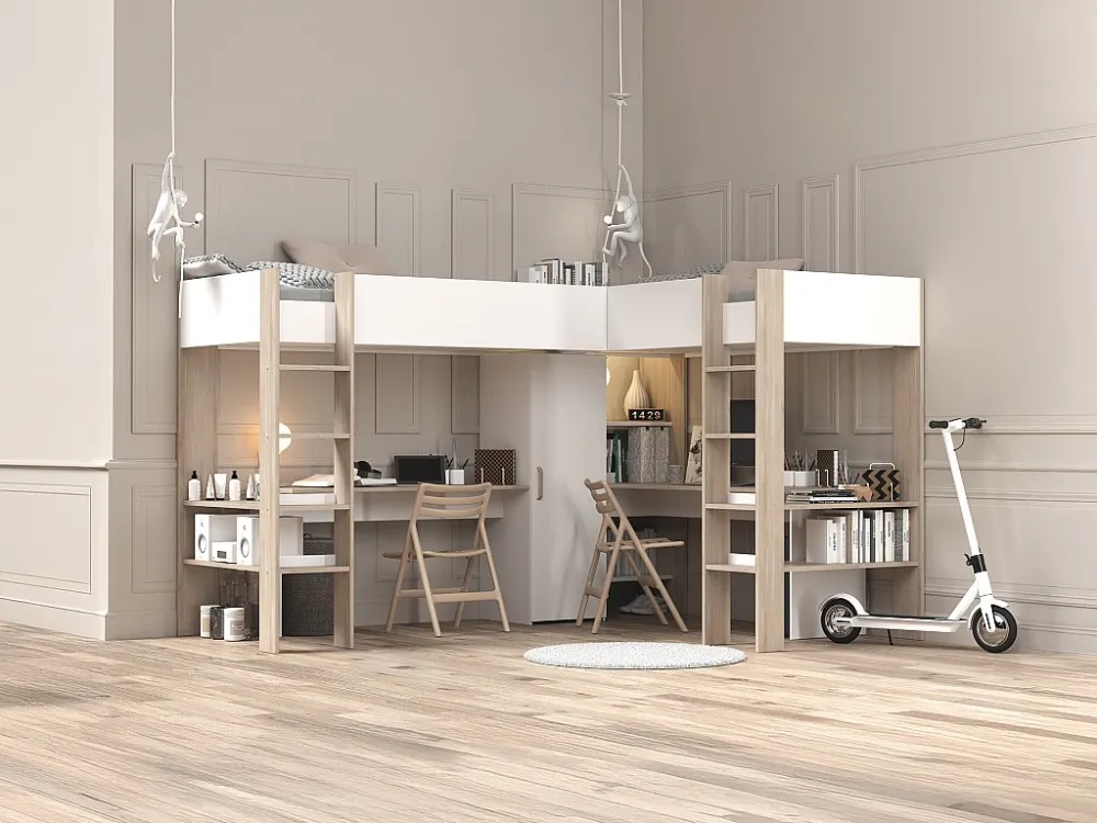 Dubbele hoekhoogslaper 2 x 90 x 200 cm met opbergruimte en bureaus, wit en naturel - LASCANO