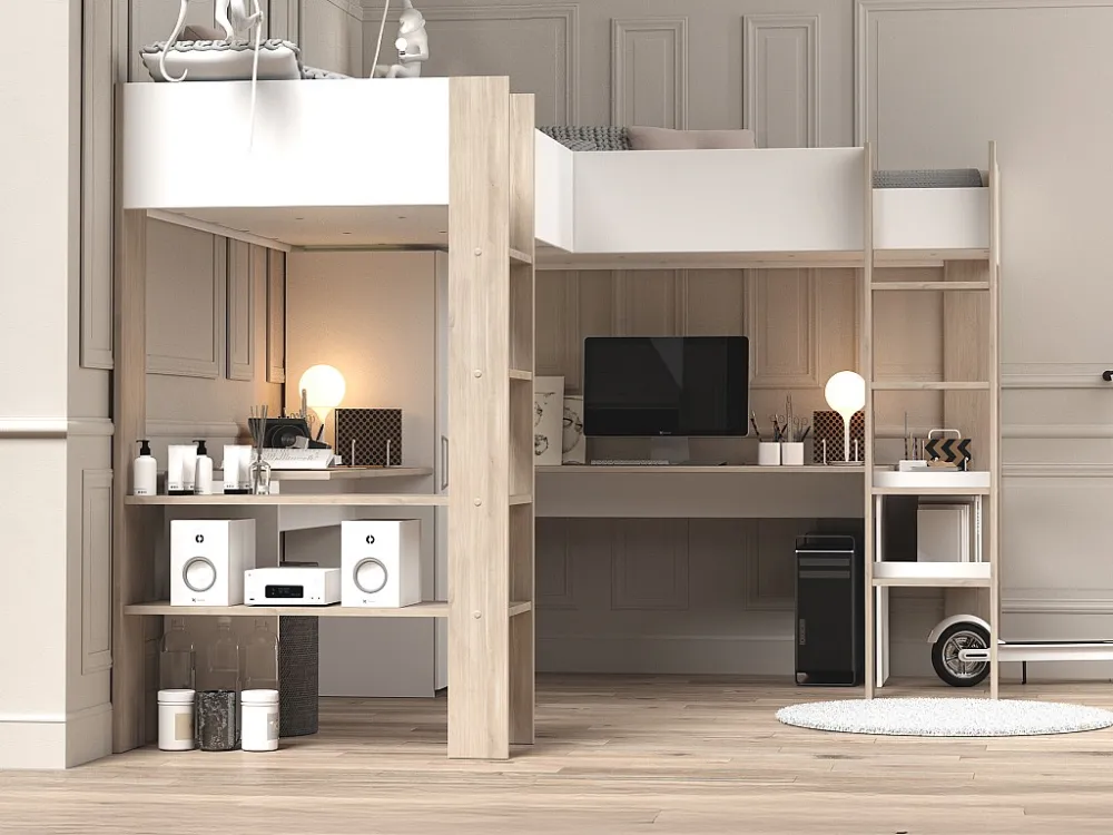 Dubbele hoekhoogslaper 2 x 90 x 200 cm met opbergruimte en bureaus, wit en naturel - LASCANO