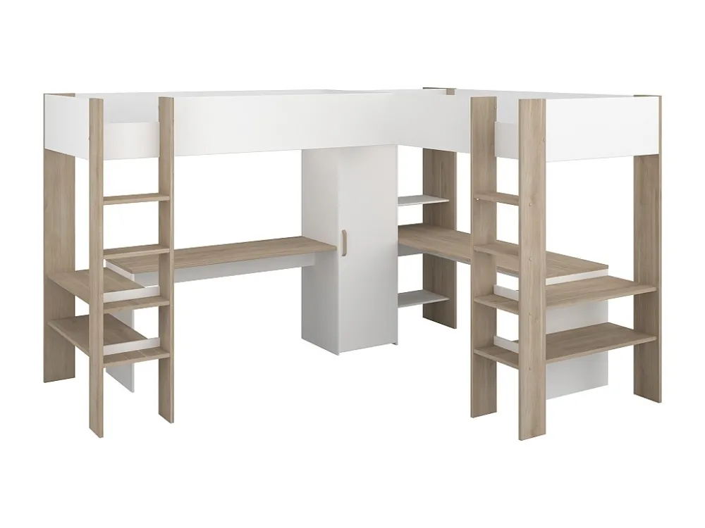 Dubbele hoekhoogslaper 2 x 90 x 200 cm met opbergruimte en bureaus, wit en naturel - LASCANO