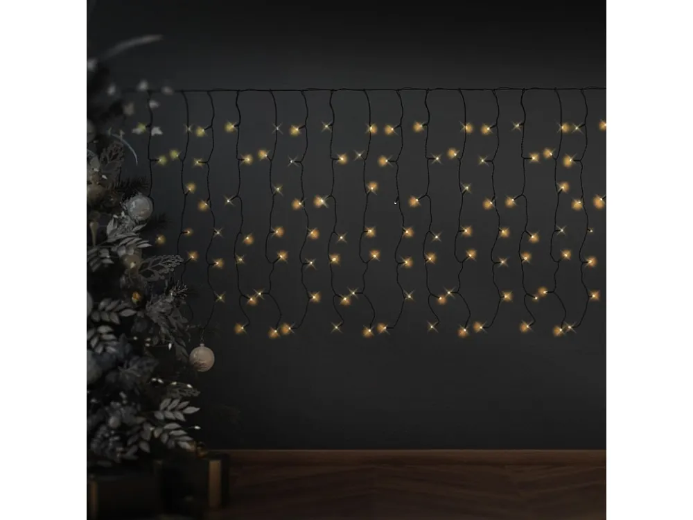ECD Germany LED lichtgordijn, zwart VINYL, 2m, 200 warm witte LED's, lichtketting, ijsregen, lichtnet, IP44, kerstver...